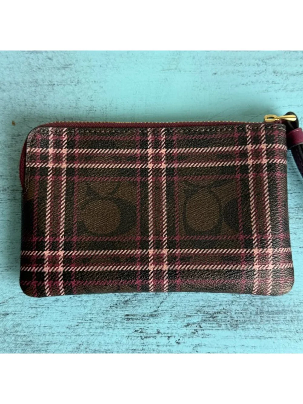 COACH Plaid Wristlet Clutch w/ Signature Logo Print In Burgundy & Pink